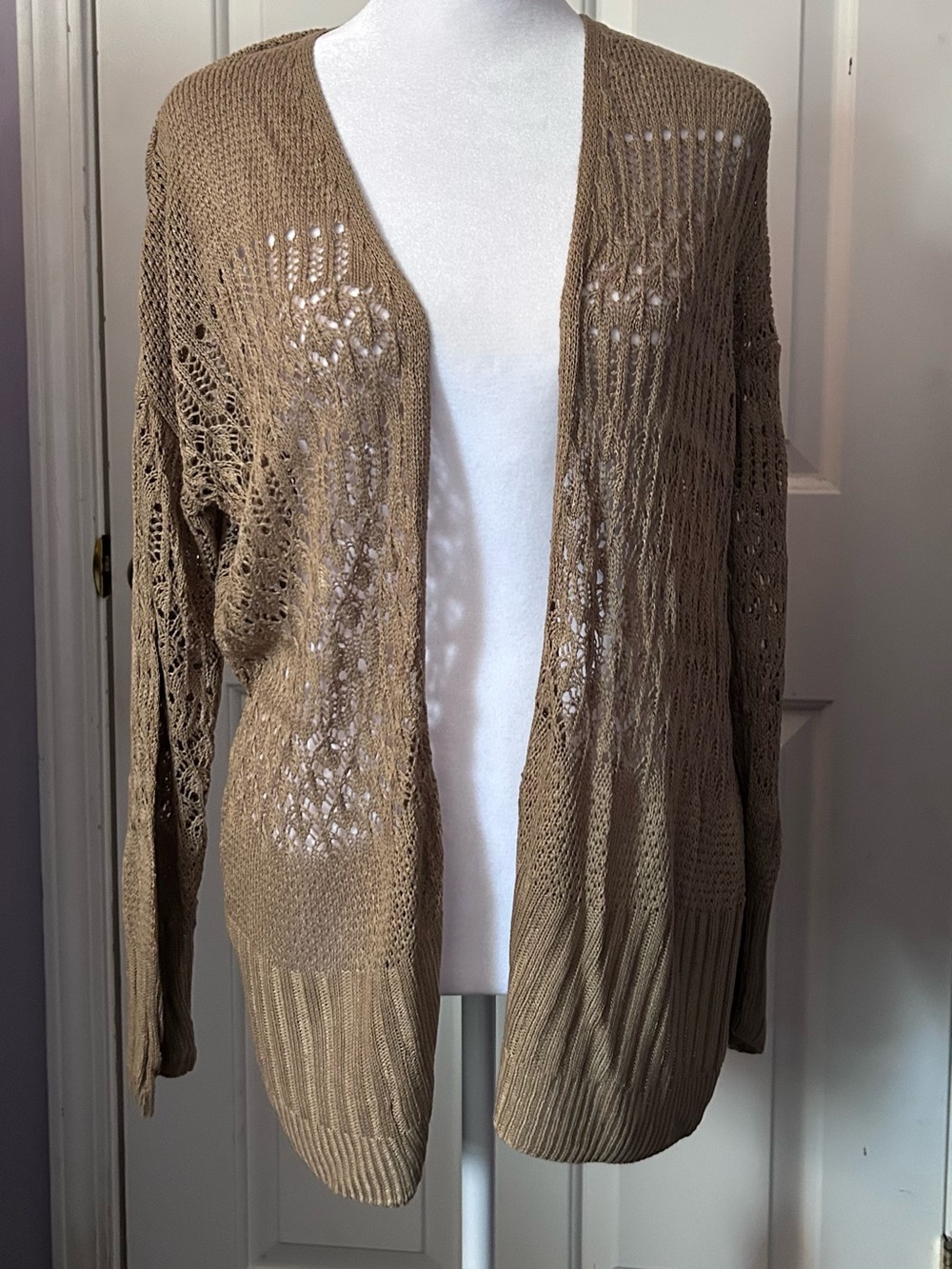 Tan Crochet Knit Open Front Cardigan Sweater Size Small